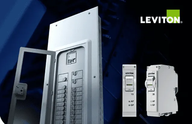 A Leviton electrical panel and advanced circuit breakers